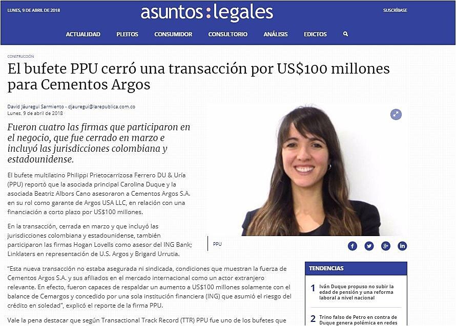 El bufete PPU cerr una transaccin por US$100 millones para Cementos Argos